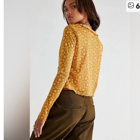 Free People Marne Sheer Mesh Top Women's L Yellow Star Print Boho Casual Beachy - Picture 10 of 10